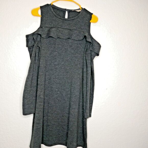 LOFT Dress Gray Cold Shoulder Long Sleeve Ruffle Knit Medium - Picture 1 of 7